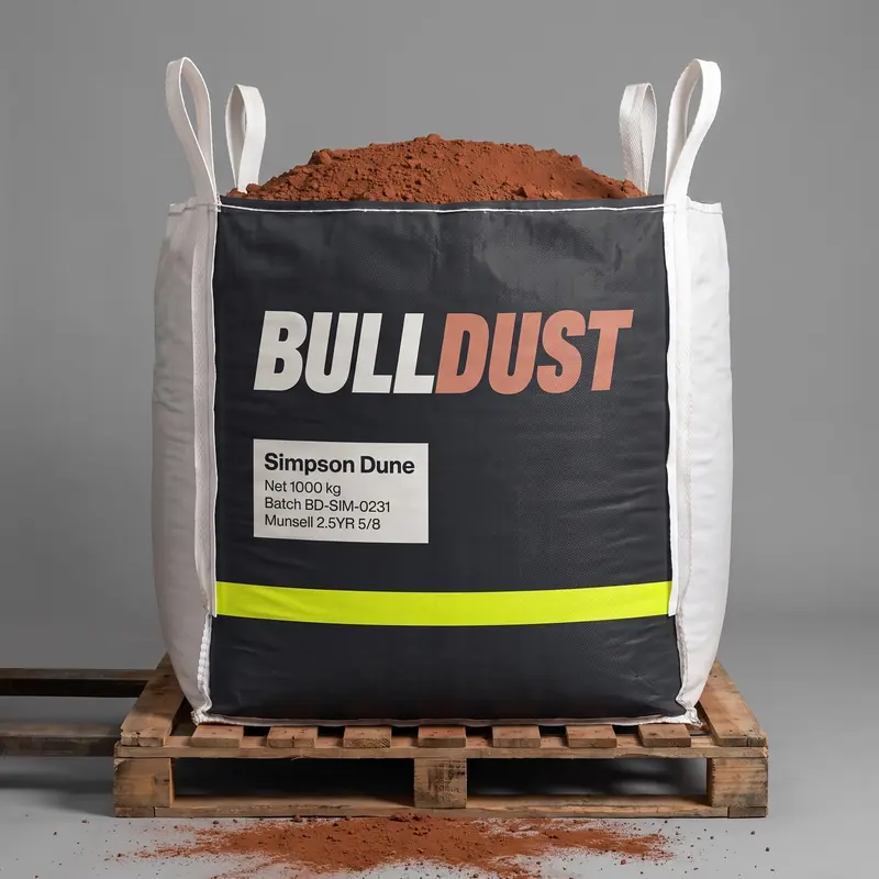 A one tonne Convoy bulka bag on a pallet, open at the top and filled with Simpson Dune dirt.