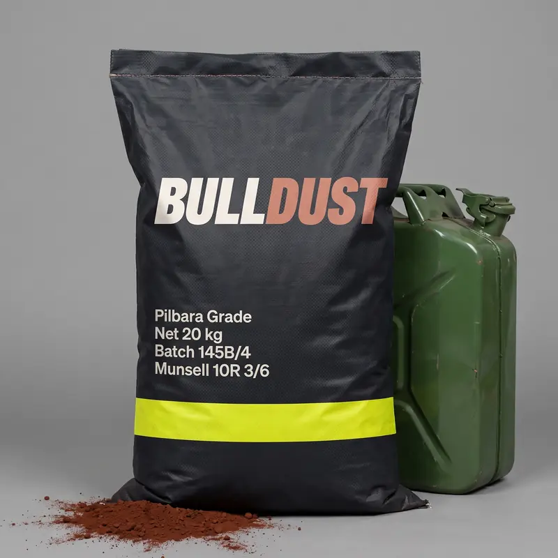 A 20 kg Tourer bag labelled Pilbara Grade with a jerry can beside it for scale.